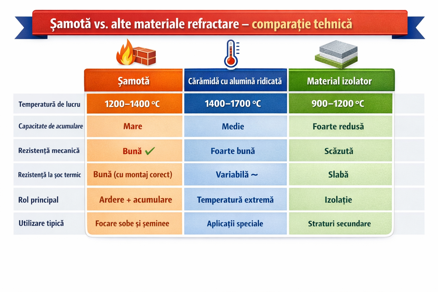 Șamota pentru sobe de teracotă – ce este, tipuri și proprietăți esențiale 3 comparatie intre samota pentru sobe si alte materiale refractare