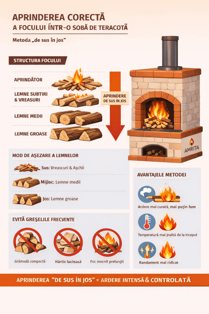 modul de aprindere a lemnelor in focarul sobei de teracota